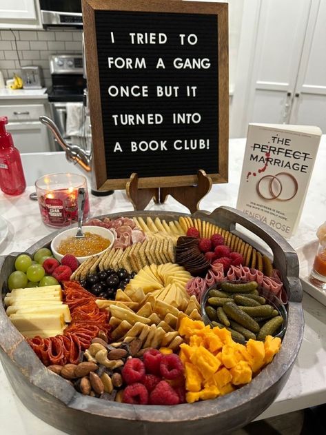 Book Party Snack Ideas, Charcuterie Board Book Club, Valentines Book Club Party, Italian Book Club Food, Snack Ideas For Book Club, Book Club Tea Party Ideas, Reading Themed Snacks, Book Club Themed Drinks, Book Themed Appetizers