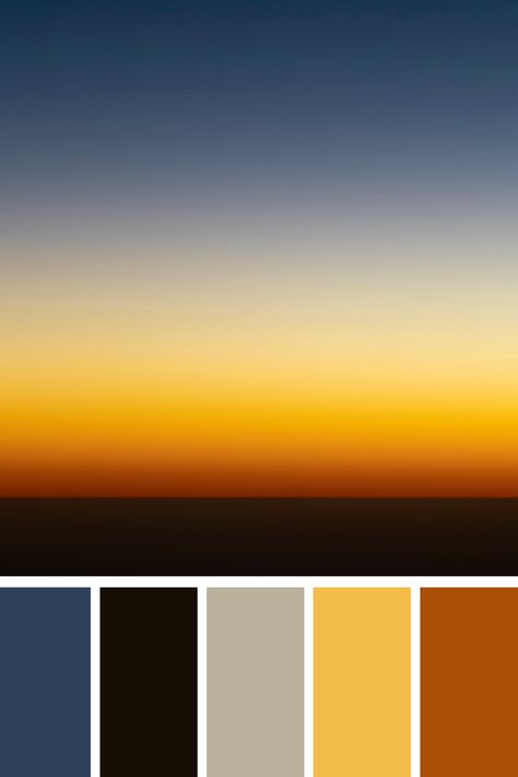 This color palette represent the warmth of earth tones, transitioning from deep dark blue at the top to a golden yellow at the horizon. This blend creates a serene and natural atmosphere reminiscent of a sunset or sunrise. Deep Blue Color Scheme, Black Orange Blue Color Palette, Blue Sunset Color Palette, Muted Blue And Orange Color Palette, Blue Hour Color Palette, Blue And Orange Sunset Color Palette, Sunrise Color Palette, Color Scheme Generator, Earth Colour Palette