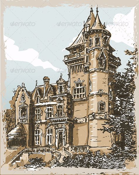 Vintage Hand Drawn Old Castle in Belgium Old Castle Drawing, Castle Sketch, Old Magic, Hyperrealistic Drawing, Vintage Castle, Castle Drawing, Old Castle, Architecture Background, Magic Castle