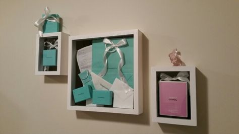 Tiffany And Co Wall Art, Tiffany Box Display, Tiffany Boxes Decoration, Veil Shadow Box Wedding, Tiffany Boxes, Tiffany Jewelry Box, Tiffany Box, Chanel Box, Glam Decor