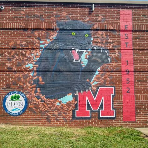 A panther is breaking through the brick wall in this 3D effect sports mural.  Follow the link to my Instagram account to see the making of video. High School Mural Ideas, High School Mural, School Murals, Graphics Inspiration, Wall Graphics, Wall Painting, High School, Wall Murals, Mural