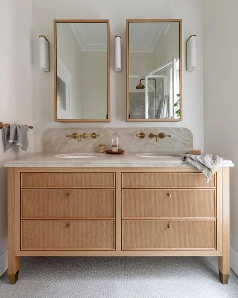 Wood Bathroom Vanity Ideas, Natural Wood Vanity Bathroom, Natural Wood Bathroom, Wood Double Vanity, Natural Wood Bathroom Vanity, Wooden Bathroom Vanity, Bathroom Vanity Ideas, Contemporary Home Interior, Natural Bathroom