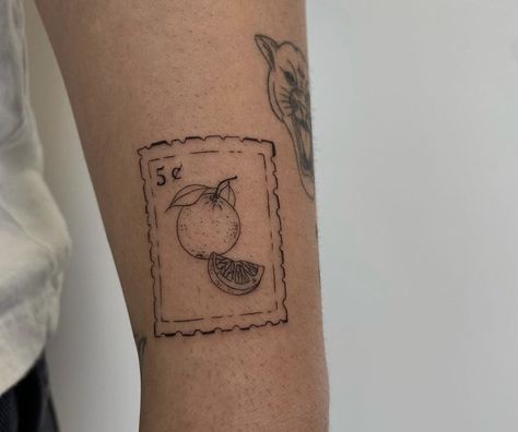 Postal Stamp Tattoo Ideas, Small Square Tattoo, Post It Tattoo, Florida Stamp Tattoo, Orange Stamp Tattoo, Lemon Stamp Tattoo, Receipt Tattoo, Tattoo Timbre, Strawberry Stamp Tattoo