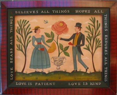 American Folk Art Painting, Fashion Art Painting, Mexican Folk Art Painting, Primitive Painting, Love Is Patient Love Is Kind, Love Bears All Things, Arte Folk, Antique Folk Art, Apple Art