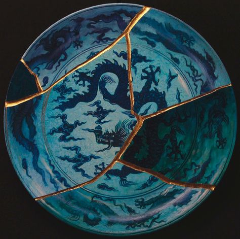 Bruno Capolongo's "Kintsugi Dragons" merges ancient tradition with contemporary art, embodying the philosophy of kintsugi—the Japanese art of repairing broken pottery with gold. The intricate blue dragons, set against the deep blue hues of the plate, are given new life through the delicate gold veins, transforming the once-broken piece into a unique work of art. 

#BrunoCapolongo #Art #KintsugiDragons #OilPainting #ContemporaryArt #2022 #ArtCollector #ArtGallery #Kintsugi #ResilienceInArt Japanese Broken Pottery, Japanese Pottery Kintsugi, Blue Dragons, Gold Veins, Kintsugi Art, Plate Art, Blue Dragon, Japanese Pottery, Clay Pottery