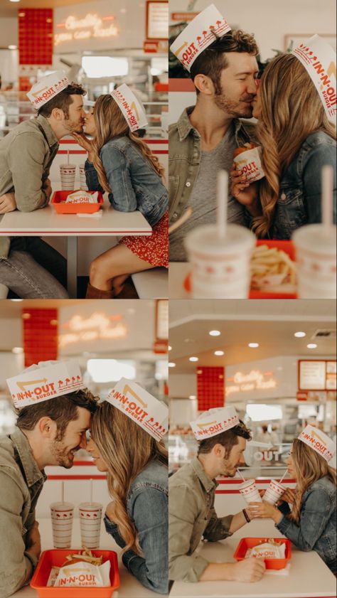 Burger Couple Photoshoot, Taco Bell Photoshoot Couples, Steak And Shake Photoshoot, In N Out Couple Photoshoot, Couple Diner Photoshoot, Couple Eating Together Aesthetic, Pizza Engagement Pictures, In N Out Photoshoot, Diner Photoshoot