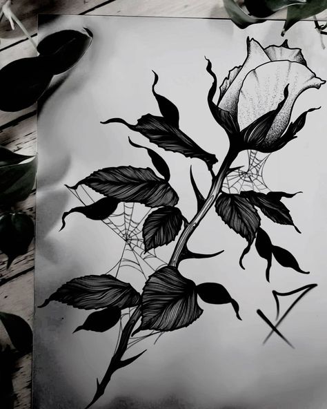 🦇 Mathieu Lortie 🦇 on Instagram: “🖤 Dark rose available for tattoo🖤 #rose #rosetattoo #flower #witch #witchcraft #witchcrafttattoo #flowertattoo #tattoo #flash #flashsheet…” Dark Flower Design, Spooky Rose Tattoo, Dark Flower Tattoo Design, Dark Rose Drawing, Flower Tattoos Dark, Dark Flower Drawing, Burning Flower Tattoo, Creepy Flower Tattoos, Dark Flower Tattoos