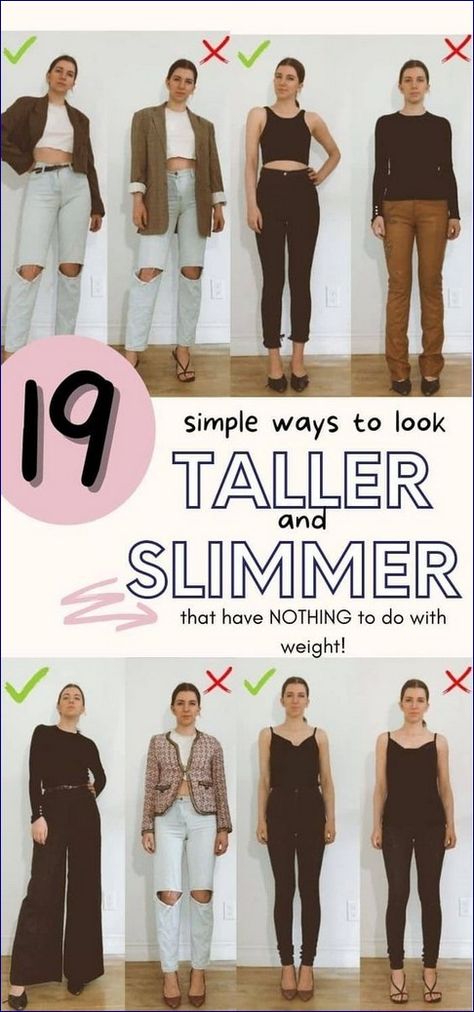 How to Dress to Look Thinner: 23 Slimming Fashion Tips That Work! Outfits For A Short Torso, 5’1 Height Women Outfit, How To Dress Taller, What To Wear For Pictures Women, How To Make Legs Look Longer, Slenderizing Outfits, Endomorph Outfits Women, Poses To Look Taller And Thinner, How To Look Taller Outfits