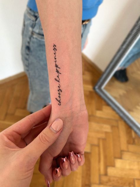 tattoo, happiness, positive, lettering, fineline I Choose Happiness Tattoo, Choose Happy Tattoo, Choose Happiness Tattoo, Pursuit Of Happiness Tattoo, Positive Vibes Tattoo, Be Happy Tattoo, Happy Tattoo, Happiness Tattoo, Matching Friend Tattoos