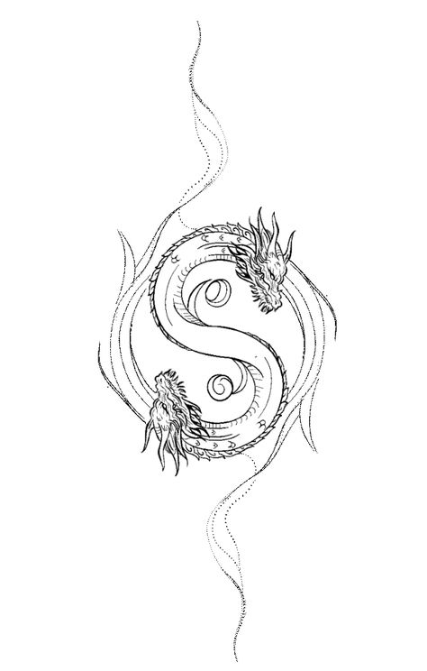 Yin Yang Dragon Drawing, Yin Yang Dragon Tattoo, Dragon Line Drawing, Dragon Line Art, Dragon Line, Thigh Piece, Double Dragon, Japanese Dragon, Dragon Drawing