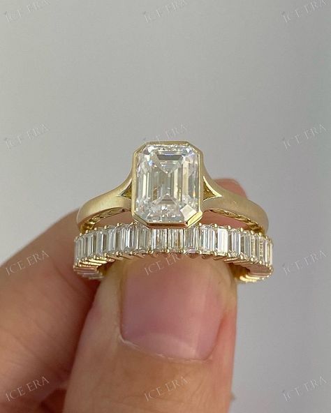 "1.55CT Emerald Cut Moissanite Engagement Ring Set Emerald Solitaire Wedding Ring Set Channel Set Baguette Full Eternity Bridal Band For Her ... About Product ...  ⋅ Type: Moissanite Diamond. ⋅ Stone Shape: Emerald Cut. ⋅  Stone Size : 8*6 MM Approx. ⋅ Carat Weight : 1.55 CT Approx. ⋅ Total Carat Weight : 8.18 CTW  Approx. ➦ Buy directly from the manufacturer - No Mediator 100% Transparency. ➦ 5 Times Quality Check Before Dispatching to ensure that every aspect of your order meets our high       standards of excellence. ➦ If you have any additional questions, just hit the \"Ask a Question\" button (just to the right of the price)       and we will get back you within a few hours. ✪ ... Custom Order ... ✪  ⋅  I welcome all kinds of Custom orders. ⋅  If you would like to change the designs a Emerald Engagement Ring Baguette Band, Emerald Diamond Engagement Ring With Wedding Band, Engagement Rings Emerald Stone, Rectangle Bezel Engagement Ring, Emerald Engagement Ring And Band, Emerald Cut Solitaire With Wedding Band, Think Band Engagement Ring, Cool Wedding Rings Unique, Plus Size Engagement Rings