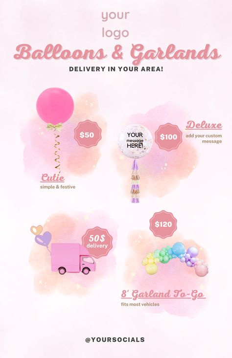 Transform Your Balloon Business with Our Editable Balloon Menu Templates! 🎈 Perfect for Balloon Artists. Bring your balloon decor vision to life and wow your clients with professional pricing and presentation. Download now and elevate your event styling business! #BalloonMenu #EventPlanning #BalloonDecor #CustomTemplates #EventStylist #PartyPlanning #EditableMenu #CanvaTemplates #EventDesign #BalloonArtistry #DIYEventPlanning #WeddingStyling #PartyDecor Styling Business, Balloon Business, Baby Shower Pin, Pastel Balloons, Love Balloon, Planning Tools, Balloon Decor, Custom Templates, Event Planners