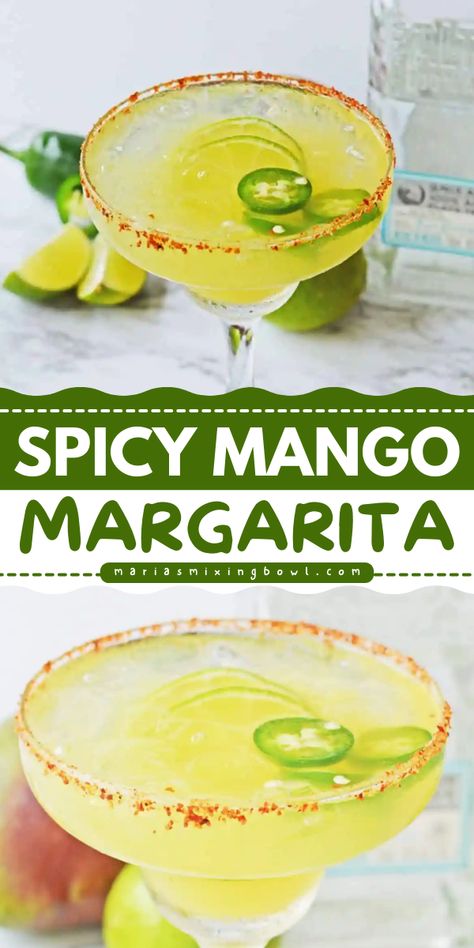 There's nothing like a sip of this Spicy Mango Margarita! It's a perfect summer cocktail idea. Packed with a punch of flavor and heat, this fresh margarita recipe is an easy Labor Day party drink guests will enjoy! Spicy Mango Margarita, Mango Jalapeno Margarita, Fresh Margarita Recipe, Tajin Seasoning, Fresh Margarita, Flavored Margaritas, Frozen Margarita, Easy Labor, Sweet N Spicy