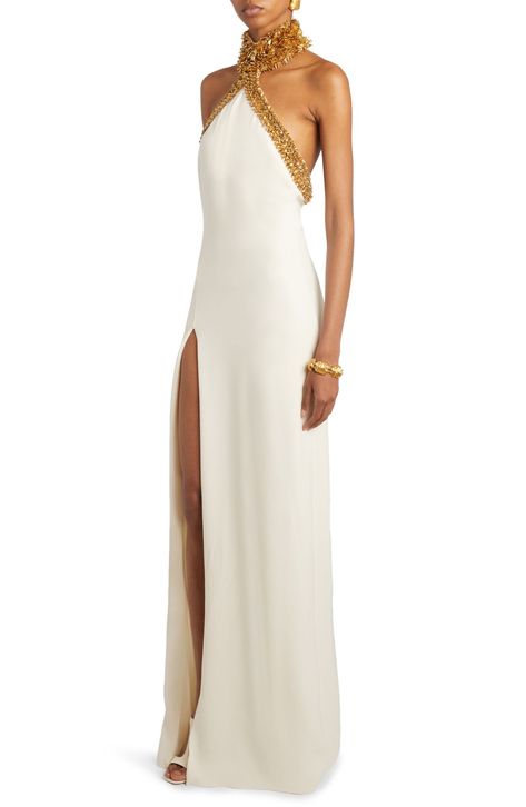 Egyptian Formal Dress, New Years Gown, Gold Red Carpet Dresses, High Fashion Gowns Couture, Goddess Style Dress, Resort 2025 Fashion Trends, Tom Ford Gown, Glam Beach Wedding, Ivory Halter Dress