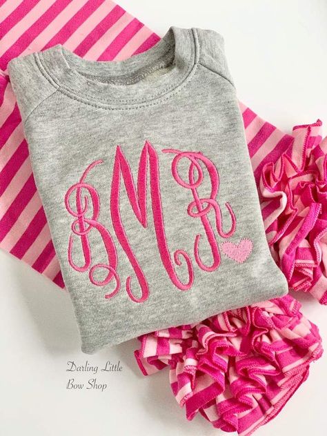 Ruffle Leggings, Applique Sweatshirt, Monogram Sweatshirt, Valentine Embroidery, Monogram Outfit, Bow Shop, Pink Monogram, Embroidery Sweatshirt, Monogram Shirts