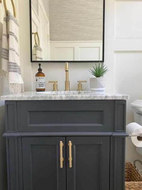 Powder Room Makeover Small Modern, Modern Farmhouse Powder Bath, A Thoughtful Place Blog, Farmhouse Powder Room Vanity, Light Half Bathroom Ideas, Master Bath With Black Cabinets, Mauve Vanity Bathroom, Powder Room Dark Vanity, Bathroom Palette Ideas