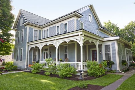 Best of TOH Before and Afters - This Old House Victorian Farmhouse Exterior, Gingerbread Trim, Victorian Porch, Big Blue House, Folk Victorian, Victorian Style Homes, Porch Columns, Victorian Farmhouse, Victorian Photos