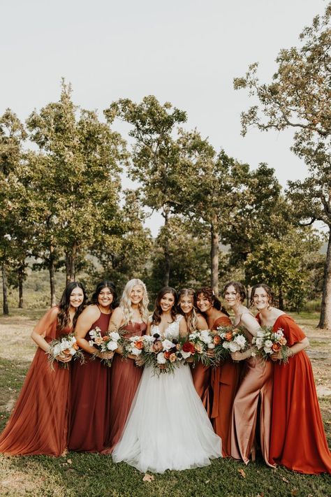 Rust Mix Match Bridesmaid Dresses, Rust Orange Bridesmaid Dress, Fall Boho Bridesmaid Dress, Bridesmaids Rust Dresses, Rust Themed Wedding Bridesmaid Dress, Rust Color Dress Fall Wedding, Rust Bridesmaid Dress Modest, Cinnamon Dress Bridesmaid, Auburn Moon Bridesmaid Dress