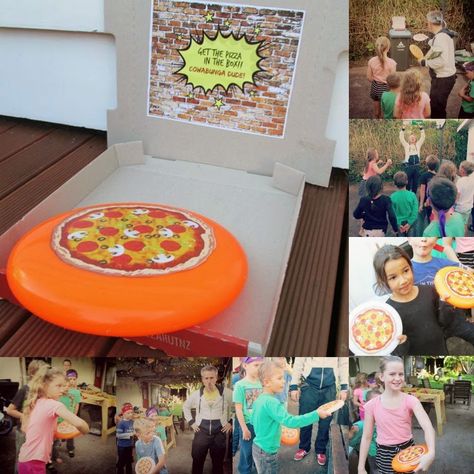 TMNT Party Game: "Get the pizza (frisbee) in the box" - with free printables Pizza Party Games For Kids, Fnaf Party Games, Party Games For Teenagers, Pizza Party Games, Tmnt Games, Ninja Turtle Games, Games For Teenagers, Fnaf Birthday, Party Games Kids