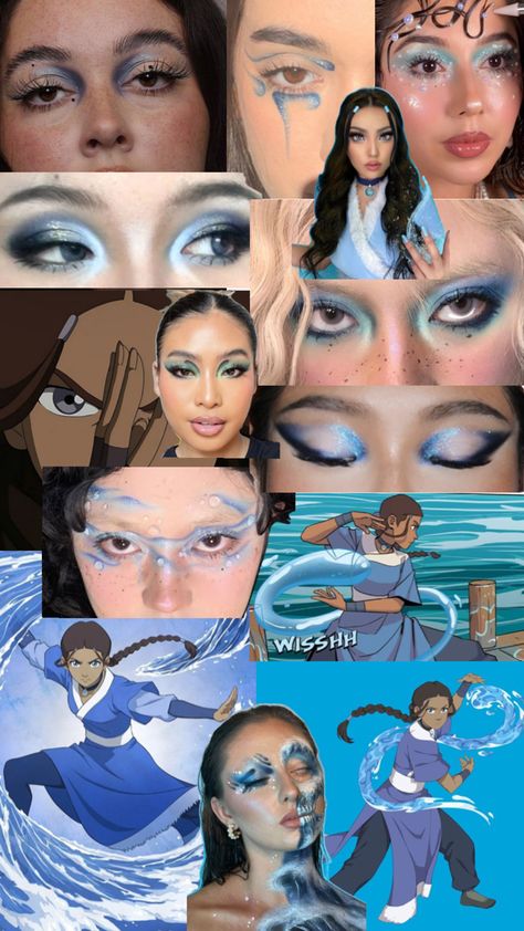 mood board for a katara atla makeup look Katara Costume, Katara Atla, Avatar Makeup, School Spirit Week, Rave Outfits Edc, Pretty Halloween Costumes, Make Up Inspo, Face Painting Designs, Cute Makeup Looks