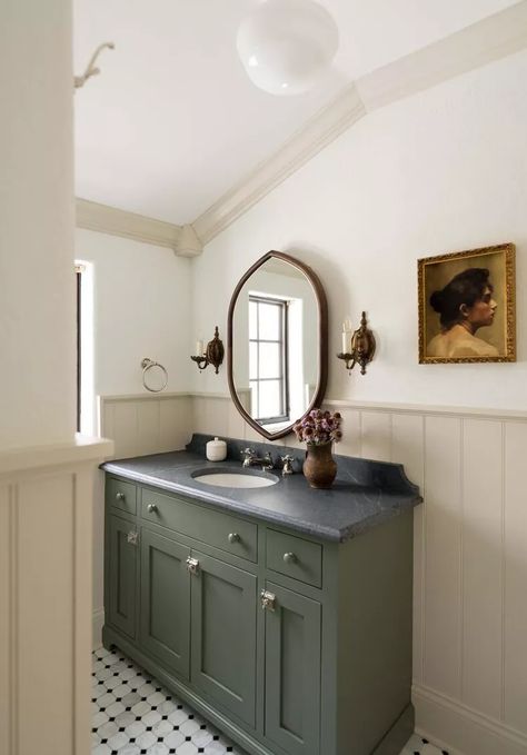 33 Wall Paneling Ideas for Any Room Paneling Bathroom Ideas, Green Beadboard Bathroom, Green Bathroom Vanity Ideas, Dark Green Vanity, Dark Green Bathroom Vanity, Wall Paneling Bathroom, Bathroom Wall Paneling Ideas, Bathroom Wall Paneling, Green Beadboard