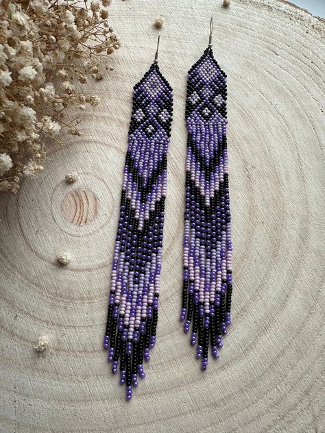 Purple Fringe Earrings, Bead Applique, Purple Fringe, Earrings Chandelier, Long Fringe, Long Fringes, Earrings Purple, Purple Earrings, Beaded Applique