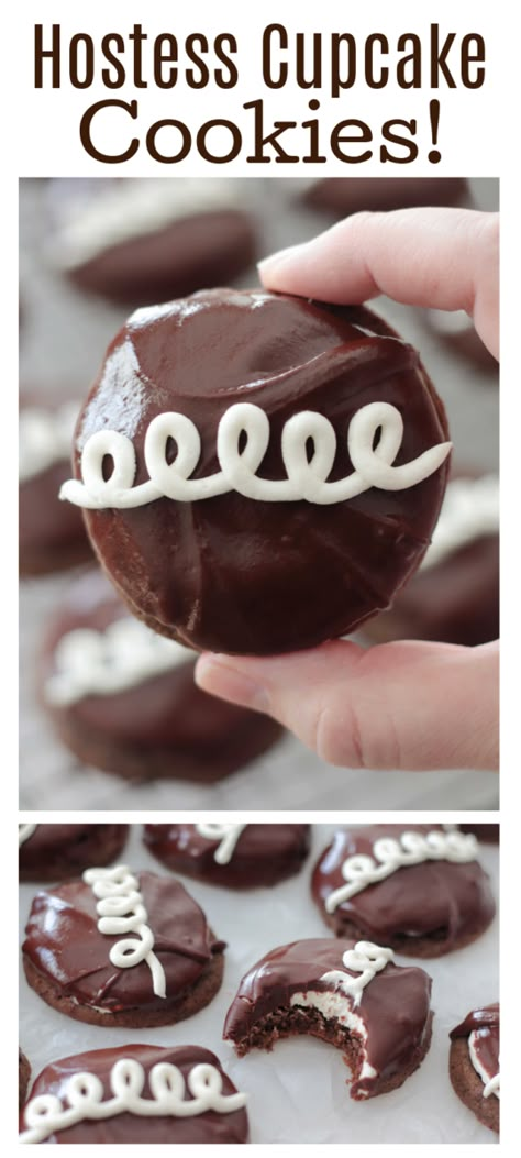 Hostess cupcake cookies! A soft and chewy chocolate cookie topped with marshmallow buttercream then dipped in chocolate glaze. YUM! Ding Dong Cookies, Hoho Cupcake Cookie, Hostess Cupcake Cookies, Hoho Cookies, Hostess Cookies, Hostess Cupcake Cake, Hostess Cupcake Recipe, Chocolates Cookies, Ding Dongs