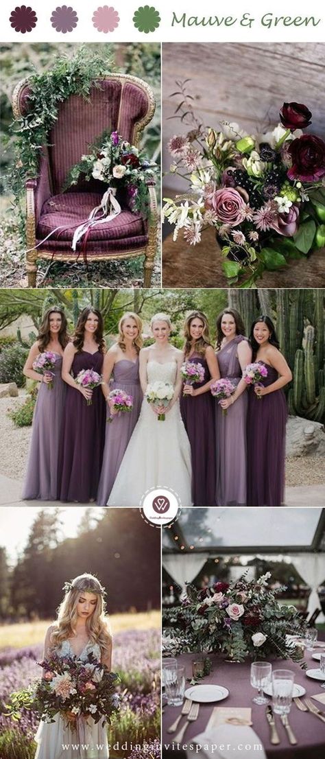 Wisteria And Mauve Wedding, Mauve And Plum Wedding Centerpieces, Fall Wedding Purple And Green, Sage Purple Wedding, Plum Mauve Wedding, Lavendar Wedding Fall, Plum And Sage Wedding, Fall Bridesmaid Dresses Purple, Plum Bridesmaid Dresses Fall