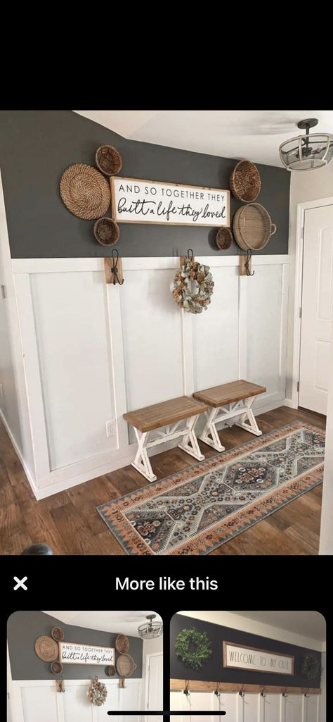 Modern Farmhouse Hallway Wall Decor, Entry Way Paneling Ideas, Accent Wall Front Entrance, Board And Batten Wall Entryway Decor, Entryway Panel Wall, Textured Entryway Wall, Charcoal Entryway, Entry Way Board And Batten, Black Entry Wall