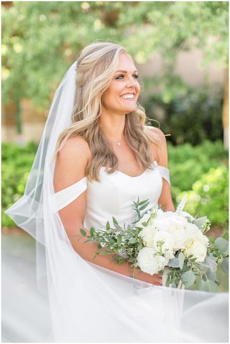 Check out this gorgeous half up wedding hair inspiration and natural wedding makeup inspiration! Anna Page was stunning with these loose curls and cathedral veil! This Vulcan Park & Museum & Florentine Wedding is on the blog now! - Photos by Birmingham, Alabama wedding photographers Katie & Alec Photography Bridal Hair For Cathedral Veil, Hair Down With Veil Loose Curls, Satin Wedding Dress Hairstyles, Wedding Hair Half Up Half Down Side Part, Bride Wedding Hair Down With Veil, Half Up Half Down Hair Bridal Front View, Half Up Half Down Wedding Hair Round Face, Hair For Cathedral Veil Brides, Bridal Half Up Half Down Front View