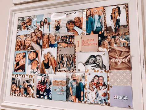 Dorm Picture Collage, Dorm Room Photo Collage, Bulletin Board Picture Collage, Cork Board Picture Collage, Room Bulletin Board, Dorm Pictures, Collage Dorm Room, Projector In Bedroom, Collage Dorm