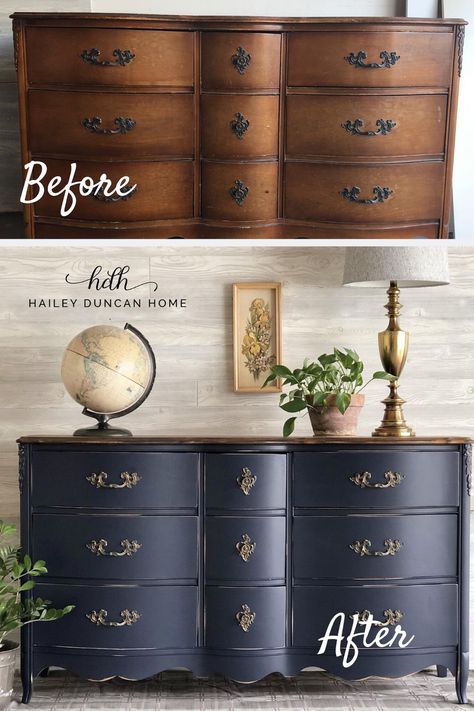 Navy Dresser Makeover Old Dresser Makeover, Diy Painted Dresser, Diy Furniture Makeover Projects, Diy Furniture Makeover Ideas, Staining Furniture, Blue Dresser, Diy Dresser Makeover, General Finishes, Diy Furniture Renovation