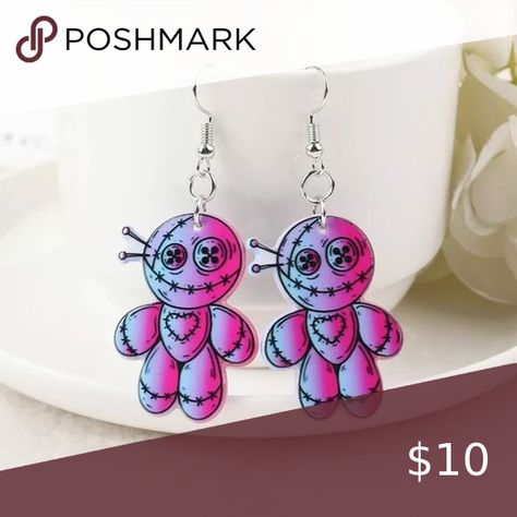 Pastel Goth Halloween RIP Voodoo Doll Dangle Earrings 2.5" Pastel Goth Halloween, Mandala Paisley, Boho Goth, Halloween Goth, Gothic Witch, Voodoo Doll, Chakra Healing Crystals, Voodoo Dolls, Skull Earrings