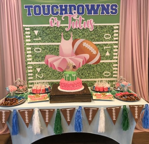 Tutu And Touchdown Gender Reveal, Sports Theme Gender Reveal Ideas, Football And Tutus Gender Reveal Ideas, Touchdown And Tutus Gender Reveal, Superbowl Gender Reveal Party, Football Or Pom Poms Gender Reveal, Easy Gender Reveal Food Ideas, Touchdown Or Tutu Gender Reveal, Football Theme Gender Reveal