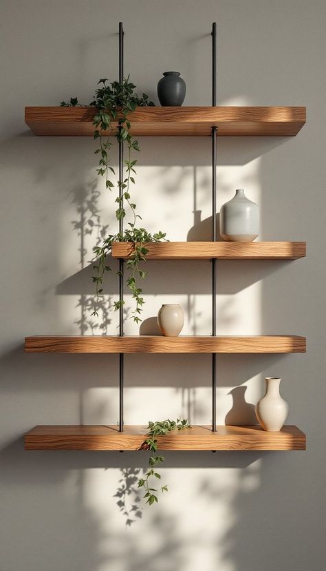 Modern display of handcrafted ceramic vessels on wooden floating shelves with trailing plants, creating a geometric design with dramatic side lighting. Three Shelf Decor, Walnut Wall Shelves, Organic Modern Shelf Decor, Wall Shelving Ideas Living Room, Slat Wall With Shelves, Shelving Decor Ideas, Modern Shelf Decor, Niche Shelves, Earthy Kitchen