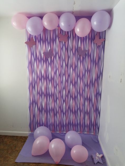 Butterfly backdrop Butterfly Party Backdrop Ideas, Diy Butterfly Backdrop Ideas, Butterfly Party Backdrop, Butterfly Birthday Party Decorations Diy, Butterfly Theme Birthday Decoration, Purple Butterfly Party, Butterfly Backdrop, Butterfly 1st Birthday, Butterfly Birthday Party Decorations