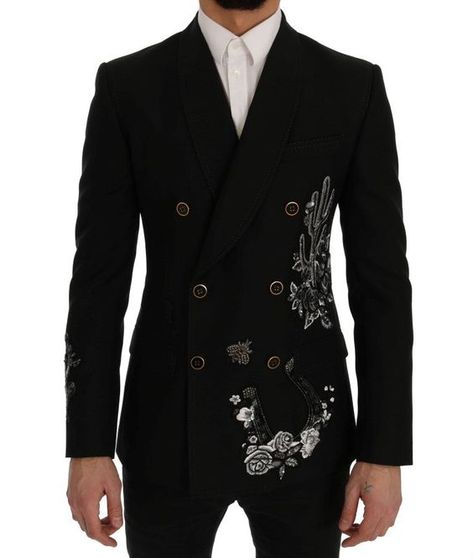 Dolce & Gabbana Black Floral Sequined Embroidery Blazer Jacket - IT46 | S Mens Floral Blazer, Embroidery Shirt Men, Embroidery Blazer, Fashion Sketches Men, Black Blazer Men, Wedding Outfit Men, Indian Men Fashion, Black Suit Jacket, Mens Blazer Jacket