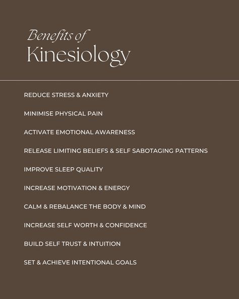 Hey, lovely people! Have you tried Kinesiology yet? It’s a fantastic way to tap into your body’s natural healing power! 💫 Whether you want to release stress, boost your energy, or find some balance, I’d love to help you out. Book an online or in-person session with me in Melbourne, and let’s get started on this journey together! 🤎 . . #KinesiologyHealing #EnergyBalancing #KinesiologyMelbourne #Kinesiologist #Kinesiology Kinesiology Aesthetic, Energy Balancing, Board Wallpaper, Vision Board Wallpaper, Study Board, Life Guide, Energy Medicine, Emotional Awareness, Physical Pain