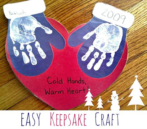 Easy Kid's Handprint Keepsake Craft Makes A Great Gift . An easy handprint craft that makes a wonderful keepsake gift, perfect for this time of year Easy Winter Crafts, Handprint Keepsake, Cold Hands Warm Heart, January Crafts, December Crafts, Keepsake Crafts, Winter Preschool, Handprint Crafts, Daycare Crafts