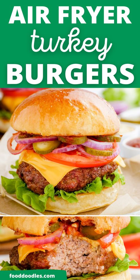 Make delicious and healthy turkey burgers in your air fryer with this simple recipe. Perfect for a quick meal, these homemade turkey burgers are juicy and packed with flavor! Air Fryer Turkey Burgers Cook Time, Frozen Turkey Burgers In Air Fryer, Turkey Burgers In Air Fryer, Burgers In Air Fryer, Turkey Burgers Recipes, Healthy Turkey Burgers, Homemade Turkey Burgers, Air Fryer Turkey, Frozen Turkey