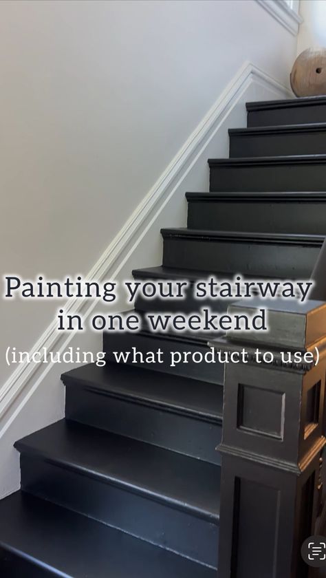 Interior Designer Ellen Fleckenstein | Save/share for a future weekend project that’s easier than you think! #paintingstairs #paintedstairs #paintedstaircase #blackstairs #diy... | Instagram Painting A Stairwell, Contact Paper Stairs Diy, Iron Ore Stairs, Painted Steps With Runner, Stair Paint Ideas, Painting Basement Stairs, Stairs Painted Ideas, Black And White Stairs Painted, Black Stairs Painted