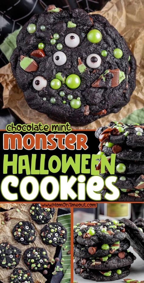 These spooky Mint Chocolate Chip Monster Halloween Cookies will get you in the Halloween spirit! Made with rich black cocoa powder and adorned with playful candy eyes and green candy pearls, they are sure to be the highlight of any Halloween party! | MomOnTimeout.com Chocolate Halloween Cookies, Green Cheesecake, Black Cocoa Powder, Spooky Halloween Desserts, Easy Halloween Cookies, Halloween Deserts, Chocolate Halloween, Halloween Cookie Recipes, Candy Eyes