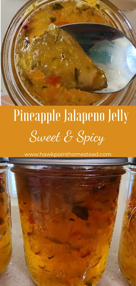 This sweet and spicy pineapple jalapeno jelly recipe is an easy recipe and results in such a delightful and delicious jelly. The pineapple jalapeno jelly is so wonderful to serve at any get-together. Pair it with cream cheese and crackers and no one can resist! It can also be used as a delicious glaze on different meats, such as chicken and pork chops.  Homemade jelly is such a great gift, especially this yummy pepper fruity jelly that can be used in so many delicious ways! Jalepeno Pineapple Jelly, Sweet Spicy Jalapenos, Sweet Jalapenos Canned, Things To Make With Jalapeno Peppers, Pineapple Jalapeño Jelly, Pineapple Pepper Jam, Pineapple Pepper Jelly Recipe Canning, Spicy Pepper Jelly Recipe, Jalapenos Jelly Recipe