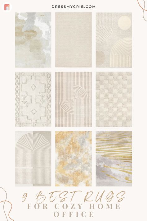 We curated 9 beautiful and neutral rugs that will help you create a cozy and chic Home Office, and give you home office rugs ideas. These 9 neutral tufted rugs and jute rugs, neutral rugs, beige rugs are versatile pieces that will fit in different interior designs, such as Farmhouse office, Scandinavian office, Japandi office, Transitional home office as well as Modern Boho home office interior. Additionally, try our free rug visualization tool to find the one that suits your room the best. Organic Office Design, Neutral Minimal Area Rug, Neutral Geometric Living Room Rug, Neutral Geometric Area Rugs, Neautral Area Rugs For Dininng Room 9x12, Geometric Neutral Rug, Zen Office, Scandinavian Office, Transitional Home Office