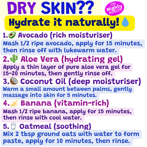 Infographic pin offering the reader natural skin care solutions for dry skin. The list of natural ingredients are displayed in a fun and easy to read fashion. The font is friendly and approachable. Feminine Activities, Dry Skin Remedies For Face, Dry Skin Home Remedies, Girls Spa Day, Banana Vitamins, Healthy Hygiene, Dry Skin Face, Skin Home Remedies, Routine For Dry Skin