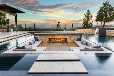 Roof Top Pool Design, Pool And Sunken Fire Pit, Pool With Hot Tub And Fire Pit, Rectangle Pool With Spa And Fire Pit, Pool With Hot Tub And Tanning Ledge And Fire Pit, Sunken Patio, Teenage Room Decor, Sunken Fire Pits, Terrasse Design