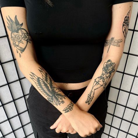 Tattooed Woman Style, Female American Traditional Sleeve, Fine Line And Traditional Tattoo Sleeve, Top Of Wrist Tattoos Traditional, Traditional Forearm Tattoos For Women, Black American Traditional Tattoo Sleeve, Large Arm Tattoos For Women, Thigh Tattoos Women Traditional, Traditional Tattoo Sleeve Women