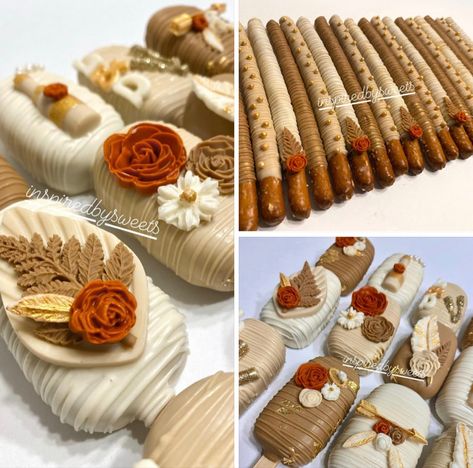 Burnt Orange Dessert Table, Terracotta Cake Pops, Fall Wedding Treats, Fall Themed Dessert Table, Thanksgiving Cakesicles, Boho Treats, Thanksgiving Strawberries, Chocolate Covered Treats Ideas, Boho Desserts