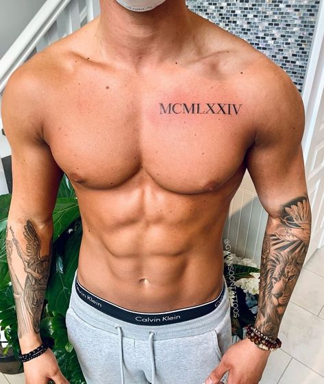 Men’s Roman Numeral Tattoo, Roman Numerals On Chest, Chest Roman Numeral Tattoo, Roman Numeral Tattoo Men Chest, Roman Numeral Tattoo On Chest, Roman Numeral Chest Tattoo, Chest Tattoo Roman Numerals, Date Tattoo Ideas For Men, Men's Back Tattoos