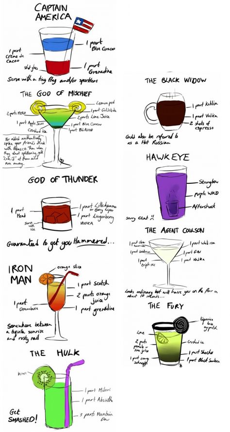 avengers theme drinks Marvel Themed Drinks, Theme Drinks Alcoholic Beverages Parties, Disney Themed Drinks Alcoholic Beverages, Themed Drinks Alcoholic Beverages, Avengers Drinks, Avengers Cocktails, Geeky Cocktails, Marvel Drinks, Disney Themed Drinks